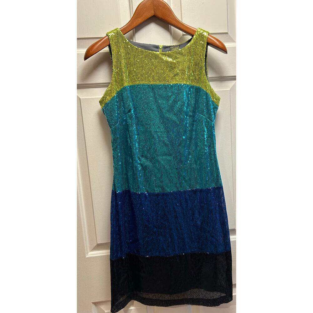 Gabby Skye Blue Green Color Block Sleeveless Sequin Dress, Size 8